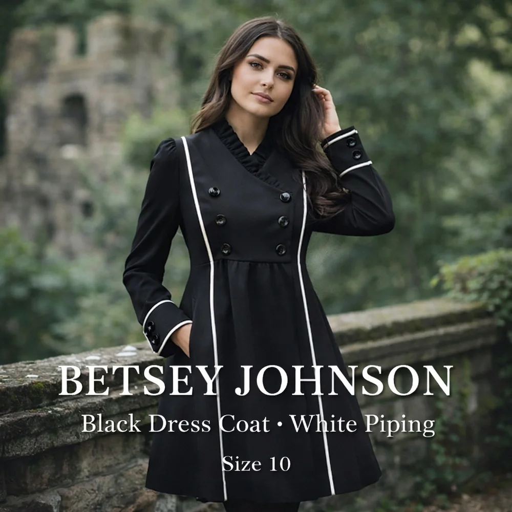 Betsey Johnson Black Dress Coat White Piping Princess Structured Size 10 - Picture 13 of 13